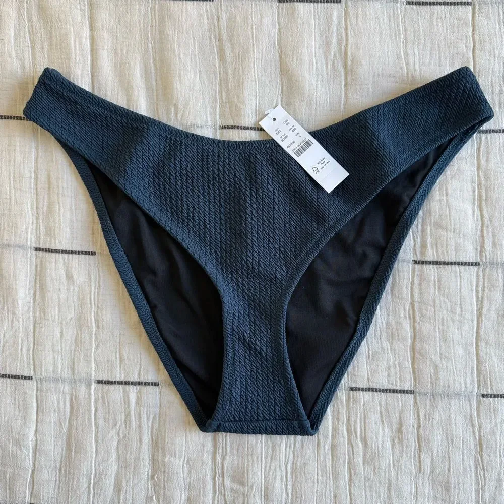NWT J. Crew Textured High-rise Cheeky Bikini Bottom Deep Midnight Navy Size L
